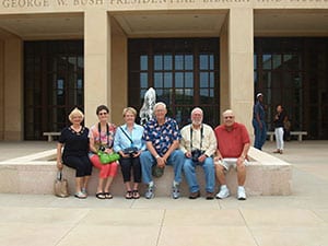 Sonja Lynch, Kay Seabolt, Sandy Boyd, Ron Seabolt, Wilkie Boyd and John Lynch outside the Bush Library in Dallas