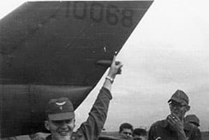 WO-1 Wally Dunning pointing to his cherry hit on 65-10068 on 5 Jan 67