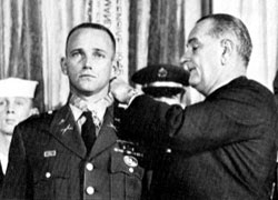 Photo of Roger Donlon receiving the Medal of Honor from President Lyndon Baines Johnson